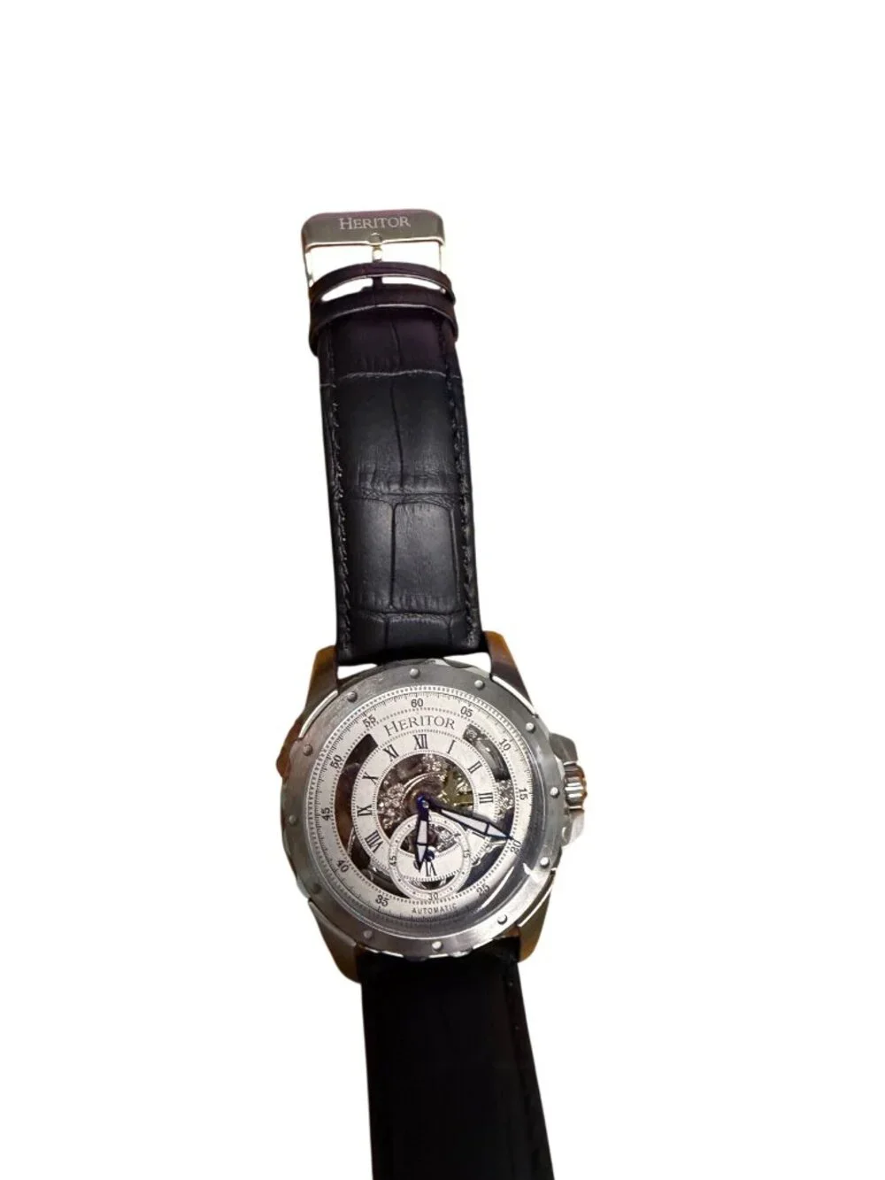 Heritor Automatic Skeleton Watch With Black Leather Strap Stainless Steel Case &